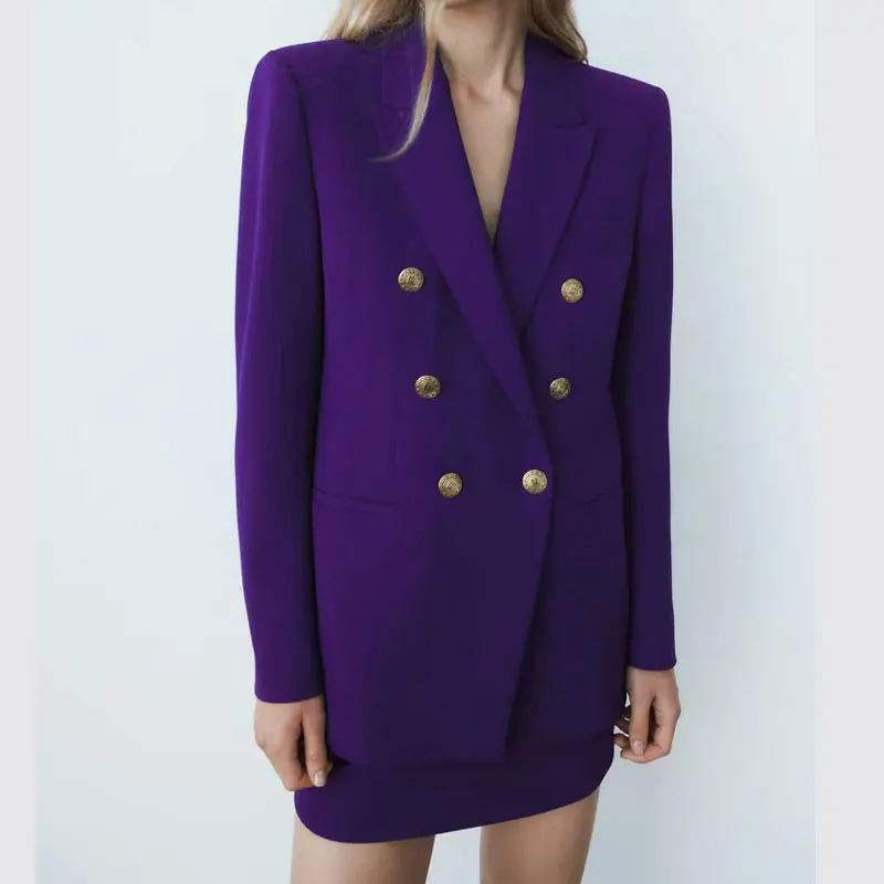 Wholesale 2022 New European Style Breasted Slim Blazers Suits Double Breasted Jacket Pleated Mini Skirt Suit 2 Piece Set