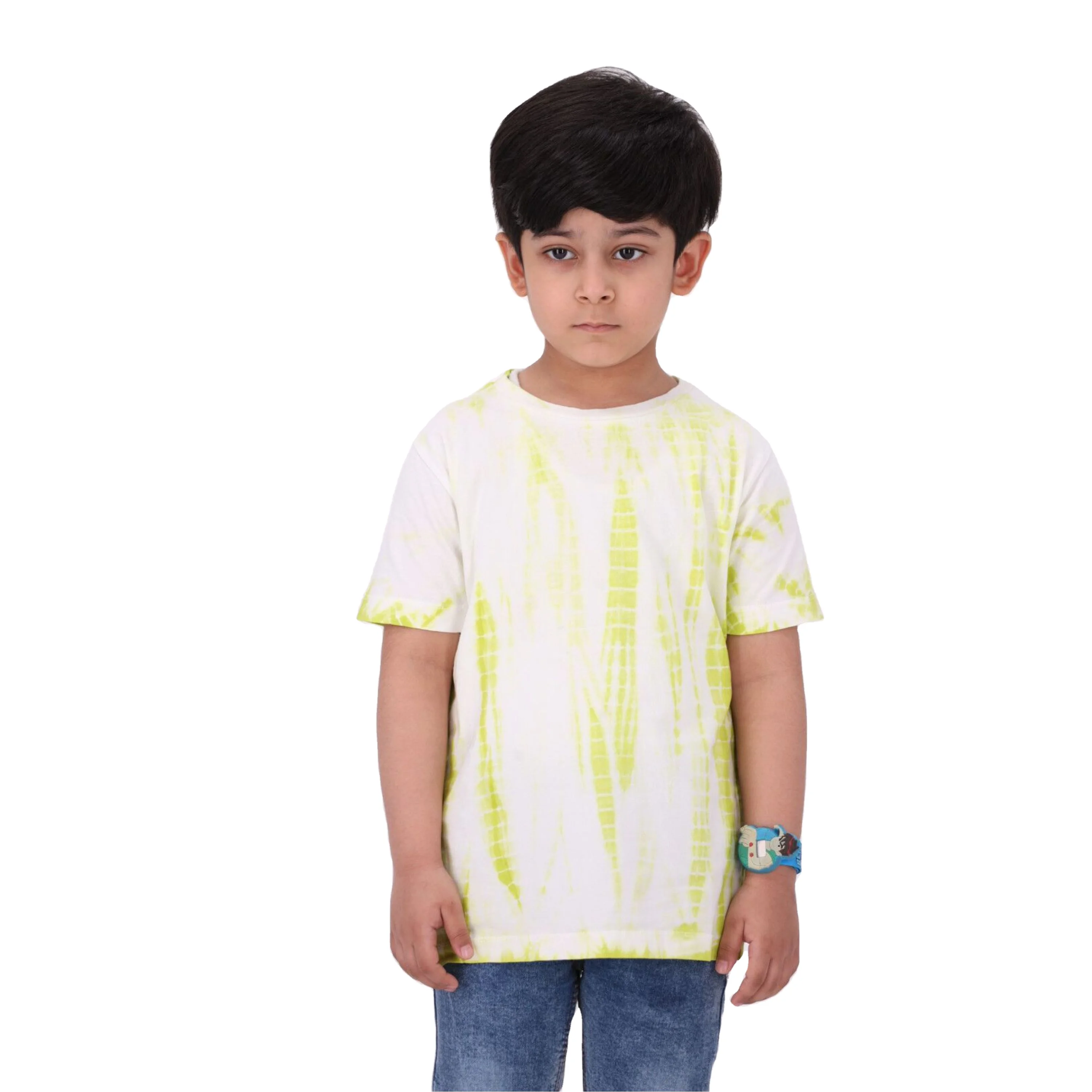 100% Knitted Pure Cotton Fabric Regular Length Round Neck Half Sleeves Neon Tie and Dye T Shirt for Boys