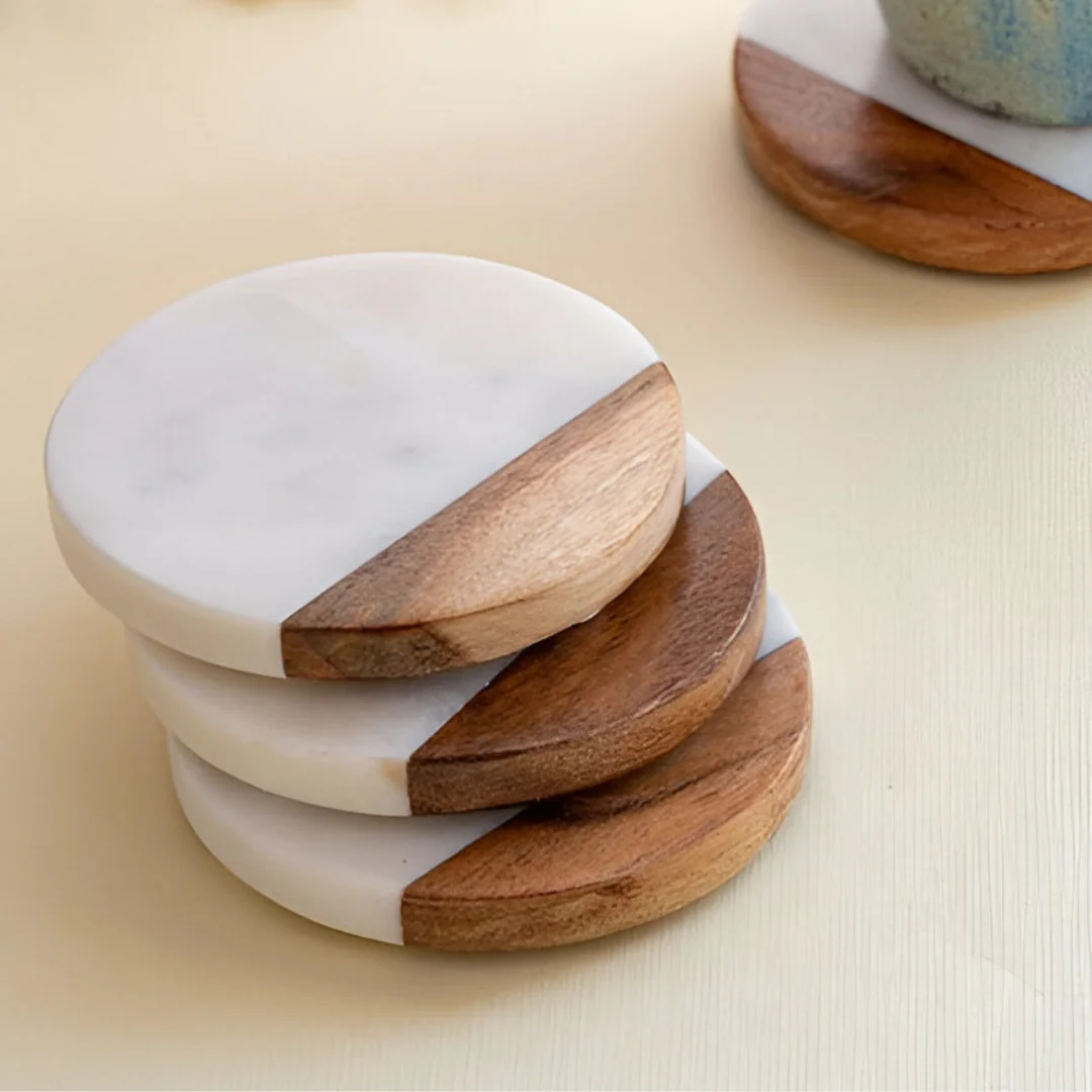 Natural White Marble with Acacia Wood Stone Coasters Elegant Durable Combination for Stylish Home Best for Drinks and Gifts
