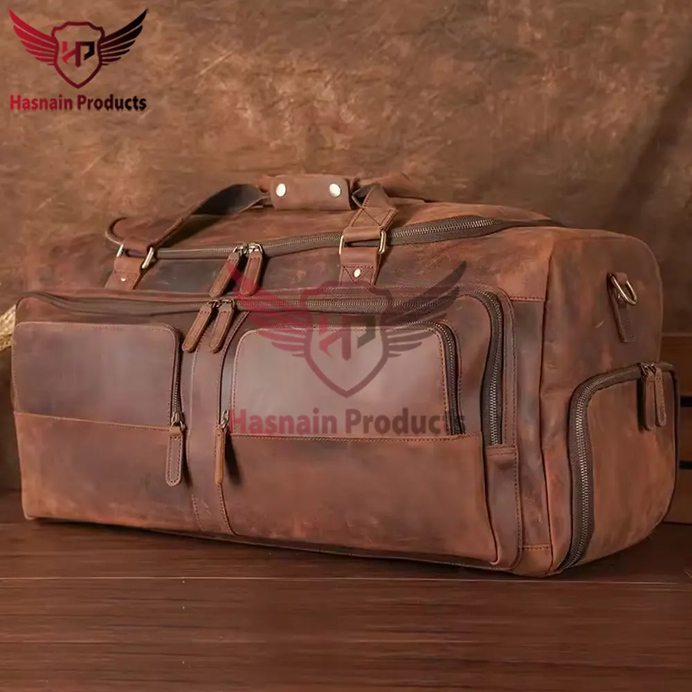 Customized Large Capacity Genuine Real Leather Weekender Bag Premium OEM ODM Vintage Brown with Logo Sport Style for Gym Usage