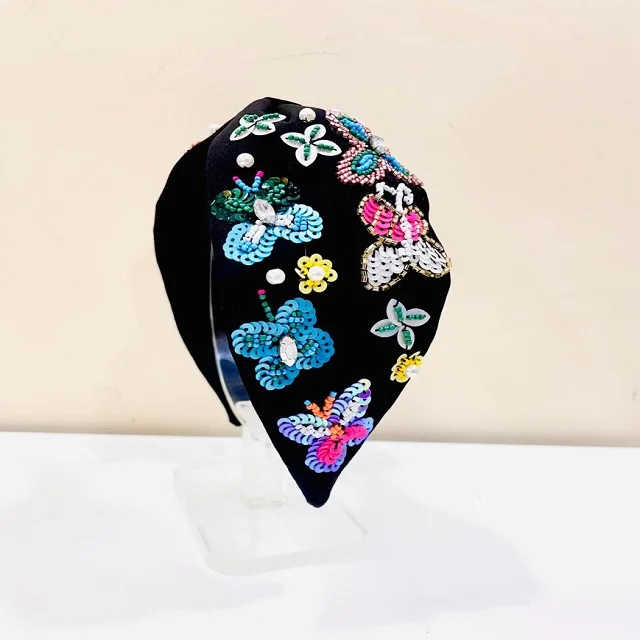 Trendy Hand Embroidered beaded Black Turban Style Indian Handwork Seed Beaded Knotted Party Headpieces for Women