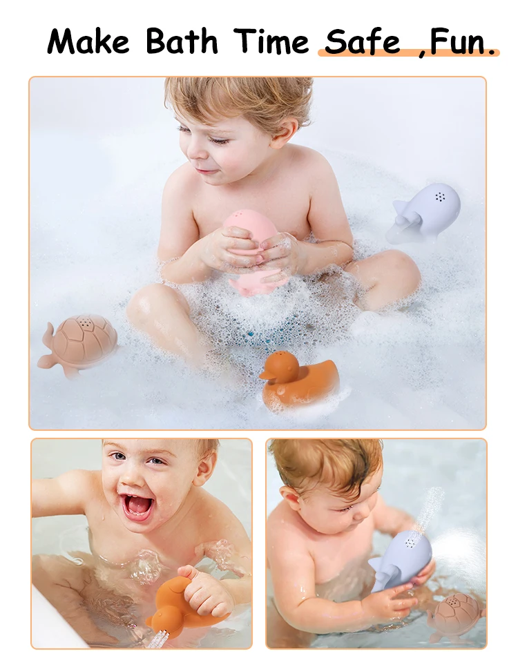 Custom 4 Pcs Set Gift Eco-friendly Non Toxic Toddler Bath Toys Durable Silicone Animals Bathtub Toys Silicone Baby Bath Toys