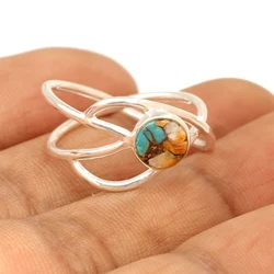 Spiny Oyster Copper Turquoise Gemstone Jewelry 925 Sterling Silver Pretty Design Natural Round Starfish Band Ring For Women