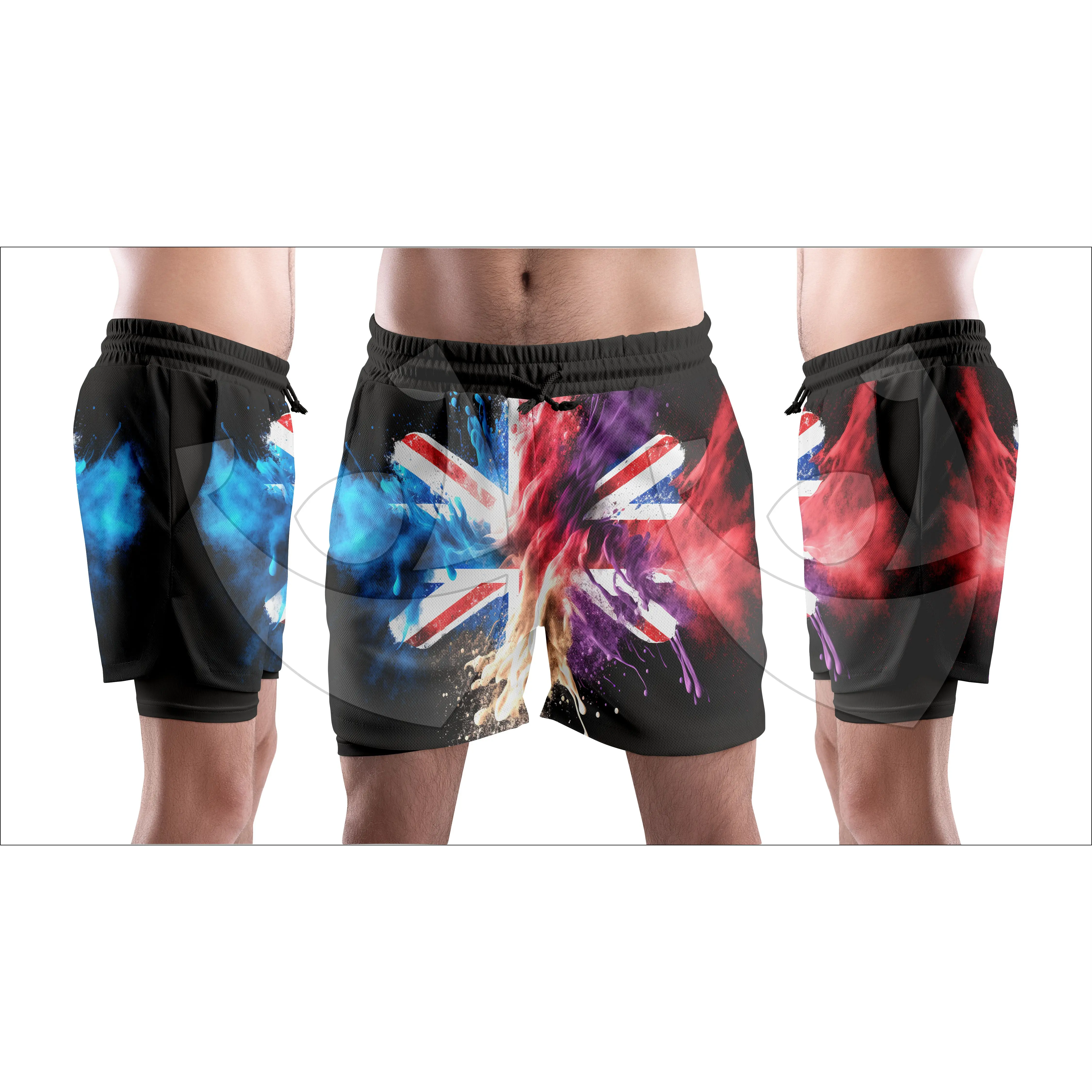 2023 Men UK London England Flag Shorts Men Shorts with Pockets Custom Logo Patch Embroidery Quick Dry Mesh Print Pattern Knitted