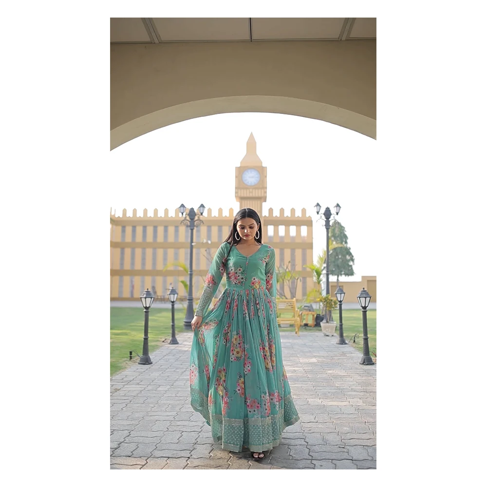 Luxury Clothing Designer Gown High Quality Faux Georgette Floral Printed Made by Zari-Thread & Sequins Embroidery