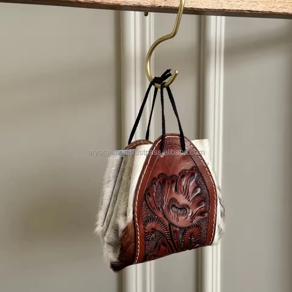 Branded Hair On Tooled Leather Coin Purse Cowhide Leather Drawstring Pouch Western Medicine Pouch For Keys Card Gift For Him/Her