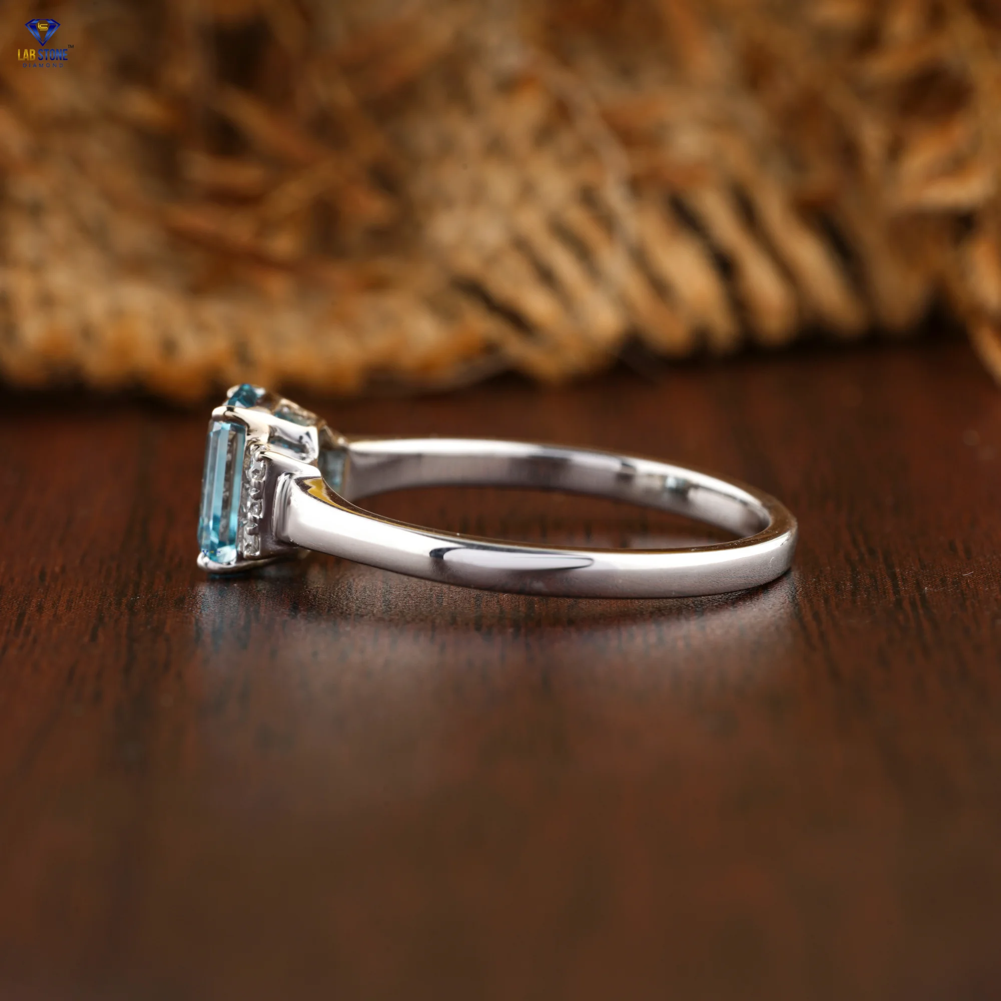 1.06 TDW Fancy Blue Emerald & Round Cut Diamond Ring  White Gold  Cluster Setting  Cvd/hpht Diamond  Lab Stone