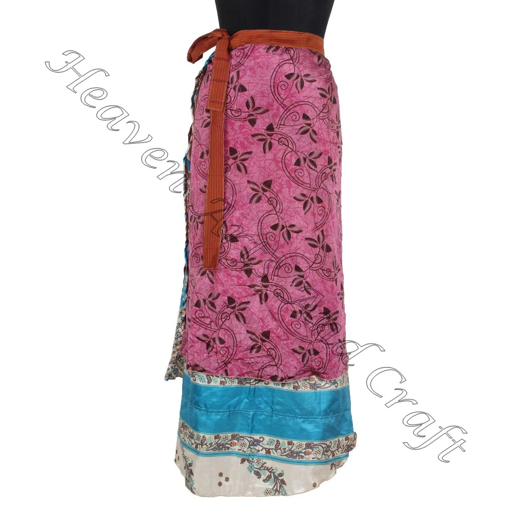 New Girls Silk Long Wrap Skirt Beach Wholesale For Sale Women Wear Vintage Silk Sari Long Length Wrap Around Skirt 2 Layer magic