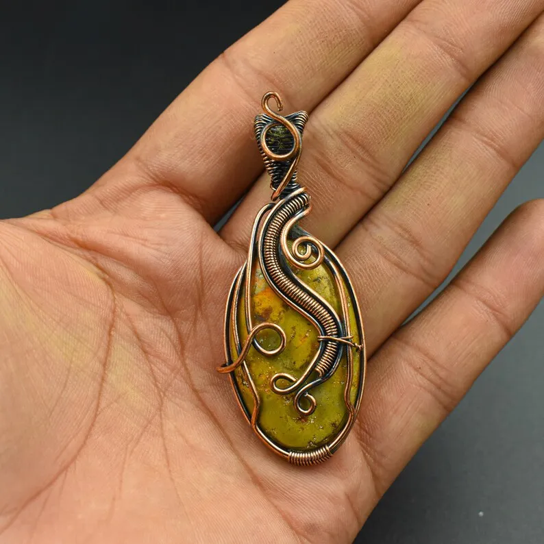 Elegant Designer Copper Pendant Necklace with Bumble Bee Jasper Pearl Wire Wrapped Gemstone Party Occasion Gift for Mother P-316