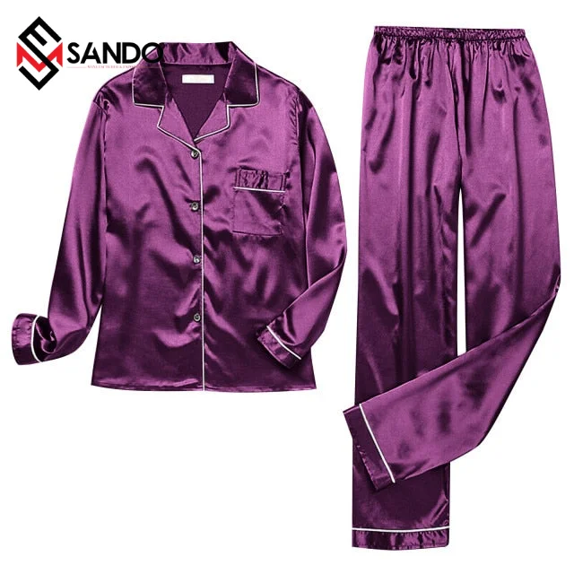 OEM design customized Pajamas Silk Satin Sleepwear Long Sleeve Top And Trouser for men and women
