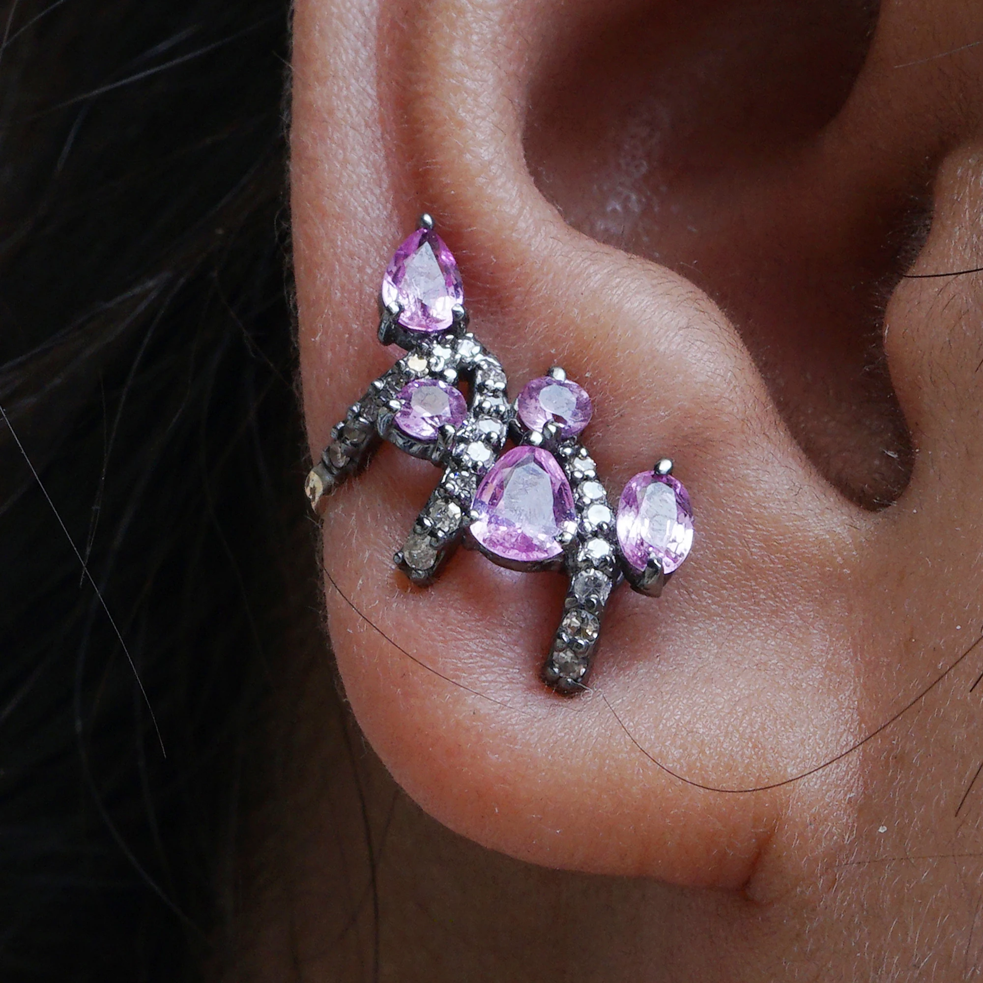 925 Silver Brown Diamond Natural Sapphire Gemstone Womens Ear Cuff Push Back Earrings Handmade Jewelry