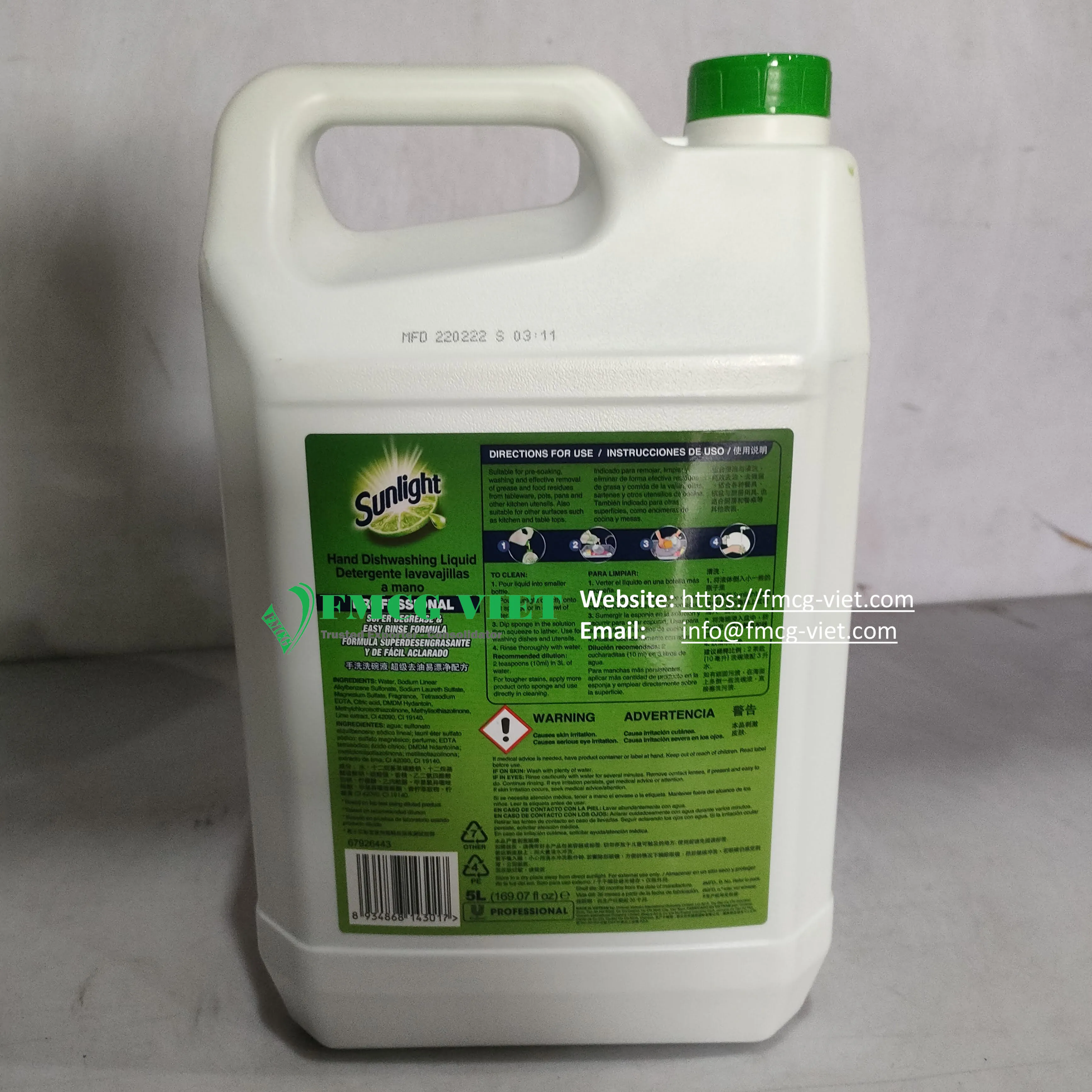 Wholesale Sunlight Professional Hand Dishwashing Liquid Lime 5L/ Kitchen Cleaning Liquid Vietnam