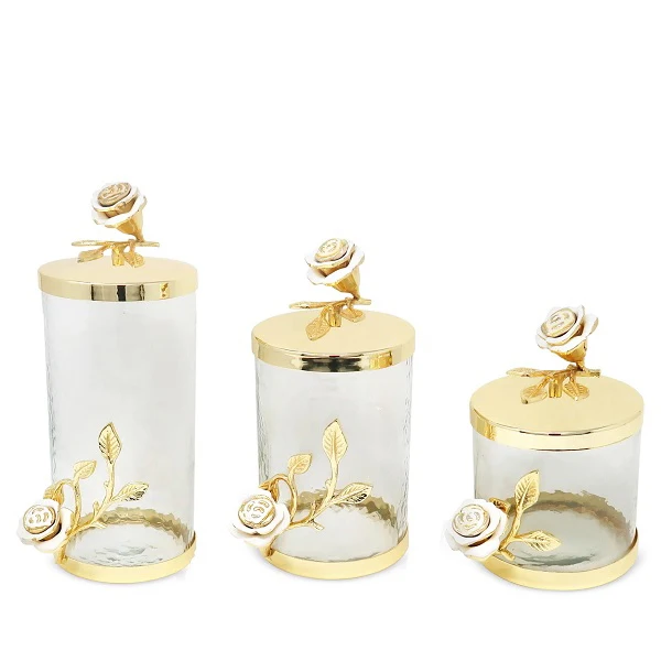 New Canisters Sets Metal Brass Stainless Steel Glass S 4X8 M 4X10 L 4X12 Inch 100% Airtight Gold Plated Flower Kitchen Ware
