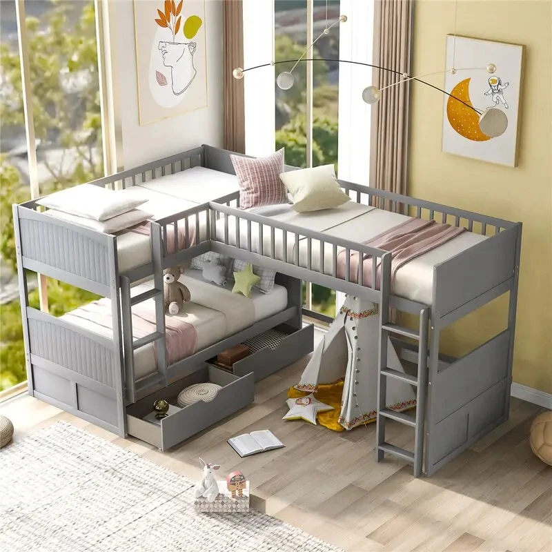Maximalist Decor Furniture Triple Bunk Beds White Wooden L-Shaped Bunk Bed With Ladder and Storage Drawers