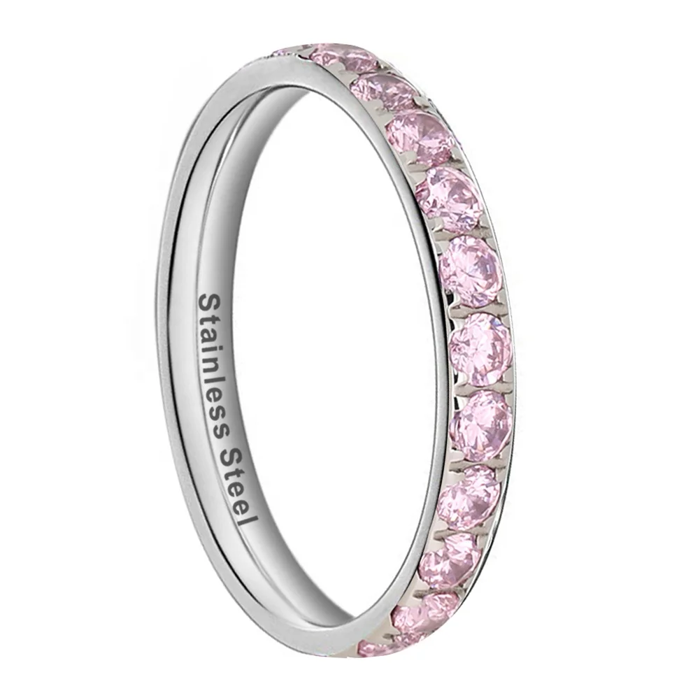 Coolstyle ювелирных изделий 3 мм, нержавеющая сталь, кольцо для женщин, светло-розовый кубический цирконий CZ камень декор Вечность Обручальное кольцо