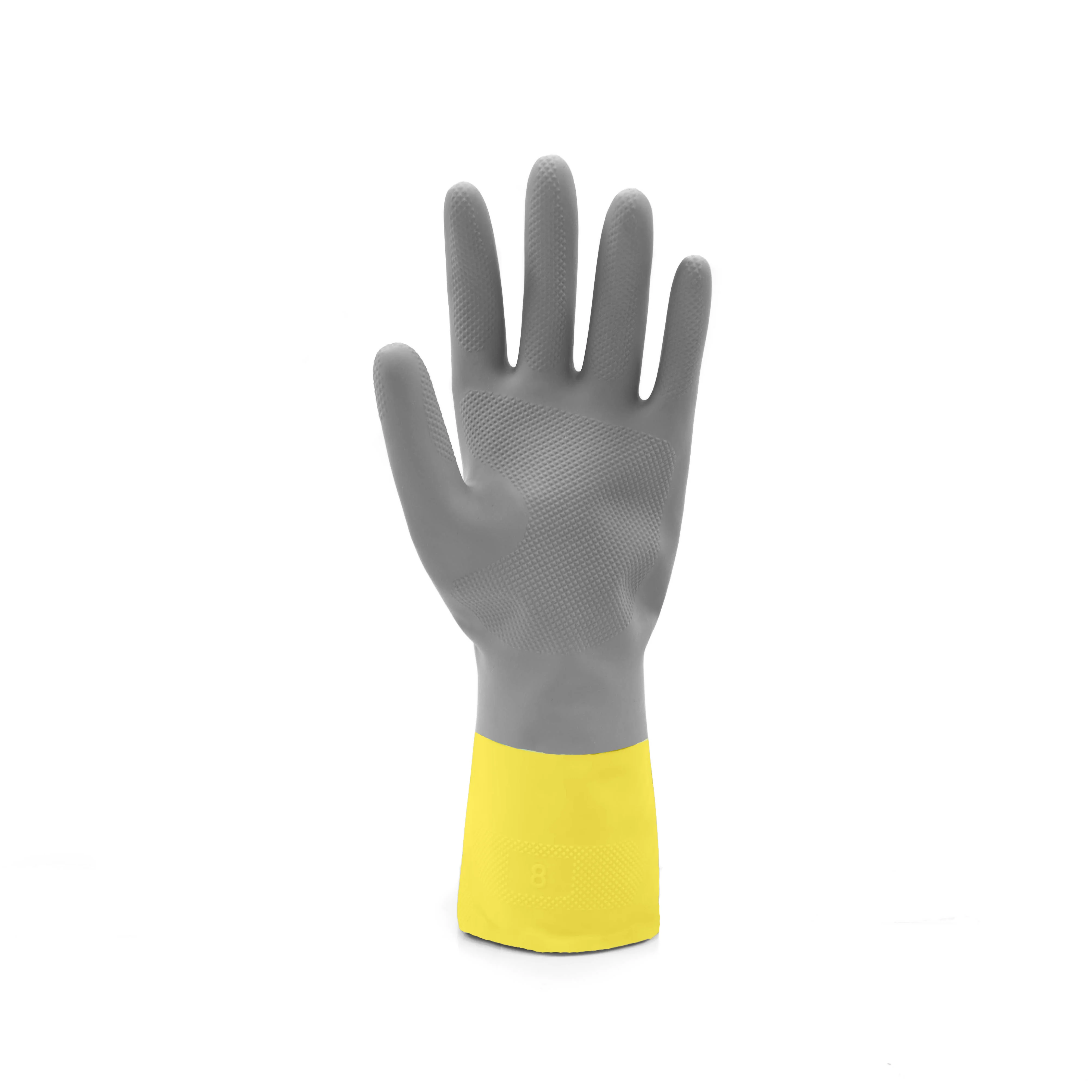 Soft and ergonomic grey over yellow household latex gloves latest color cotton flocklined for janitorial cleaning gardening