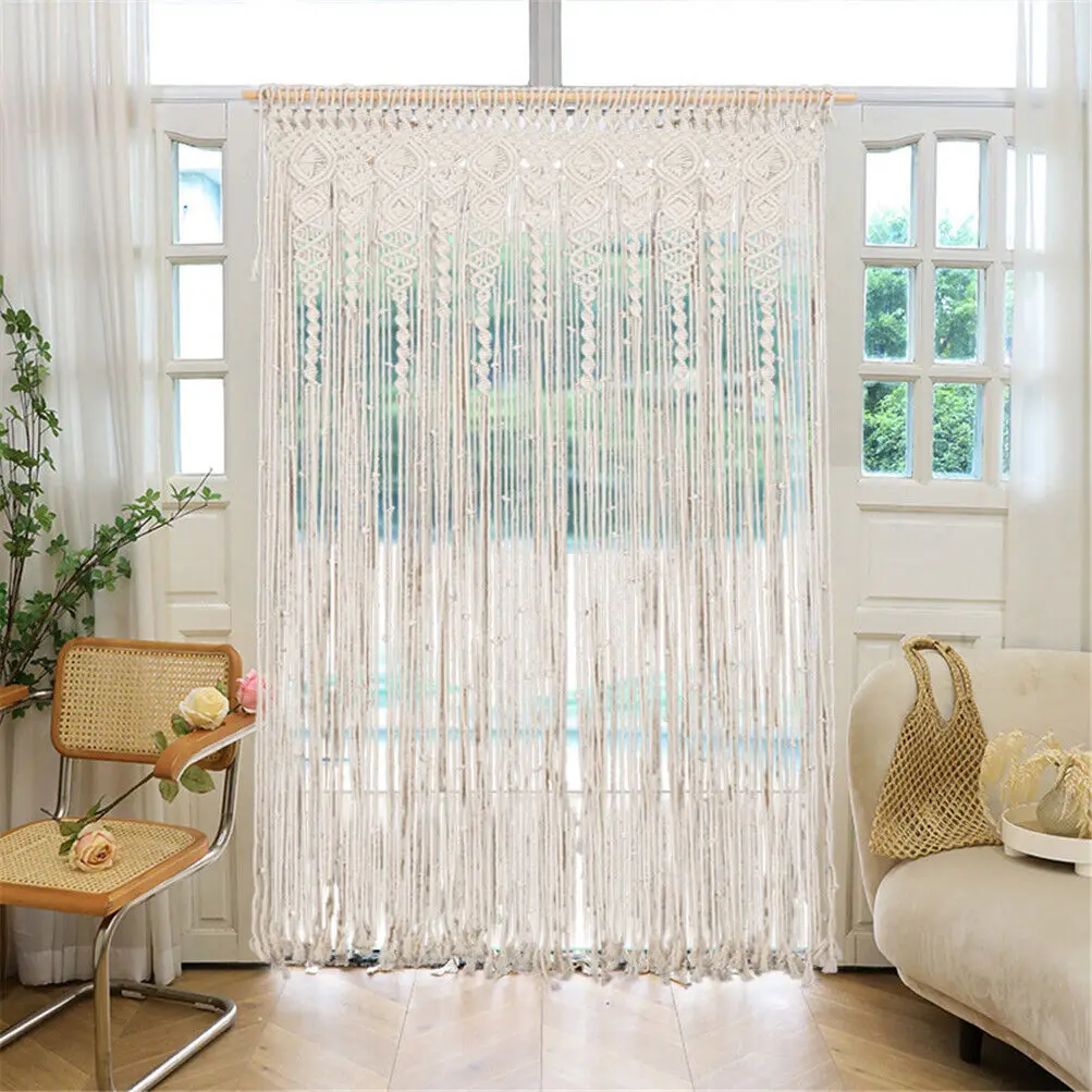 Hand Woven Macrame Hanging Door Curtain Cotton Tassel Window Curtain Art Decor Wall Hanging Tapestry Indoor Decoration