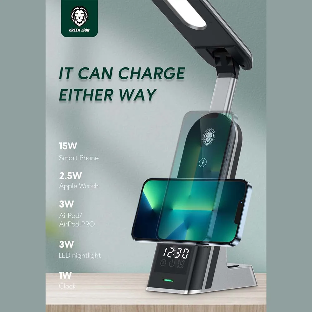 Green Lion 7 IN 1 Dual Coil Wireless Charger -LED Nightlight -Clock applicable for phone watch earphone  Max 15W