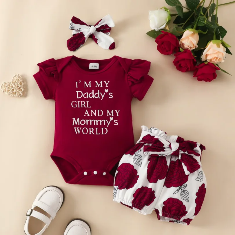 Baby Short Sleeve Triangle Romper Shorts Set Baby Girl Letter Summer Top Belt Flower Cute Pants