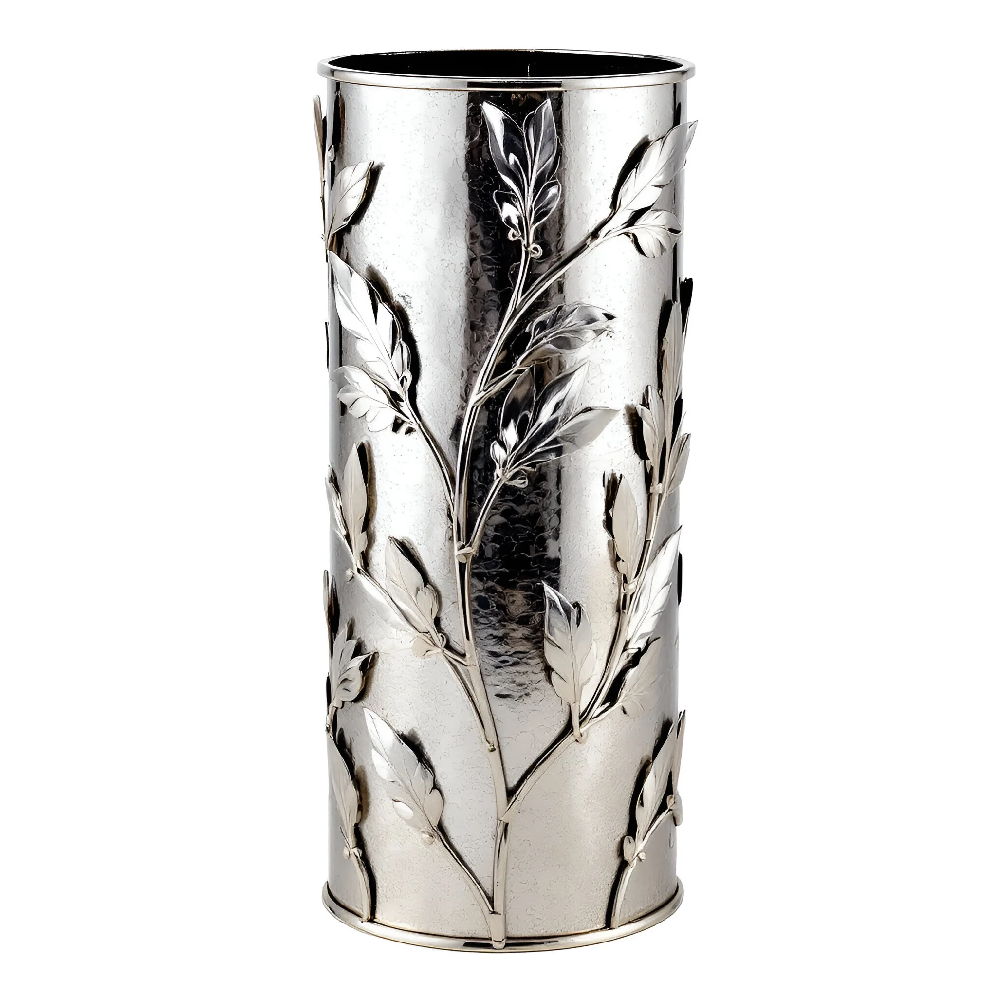 Elegant Silver Floral Vase Tapered Metal Stainless Steel Design with Embossed Flowers for Refined Home & Office Decor Vases