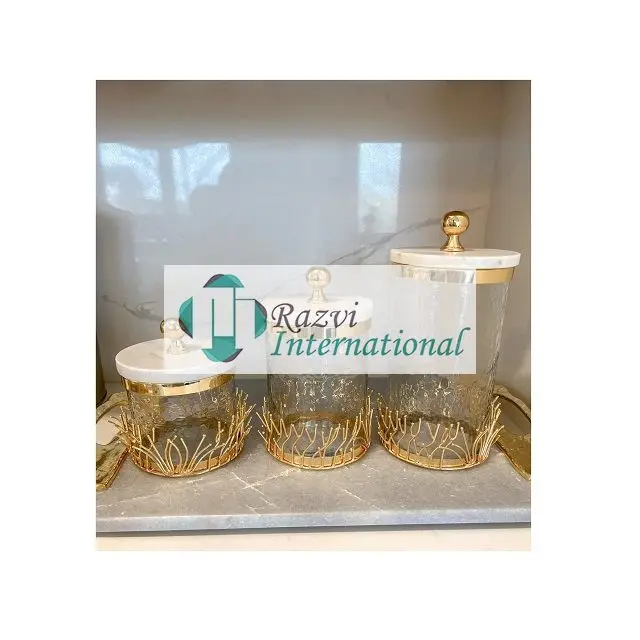 Latest Design Glass Canister with Gold Branch Design and Marble and Gold Lid Best Selling Canister Set With Marble Lid