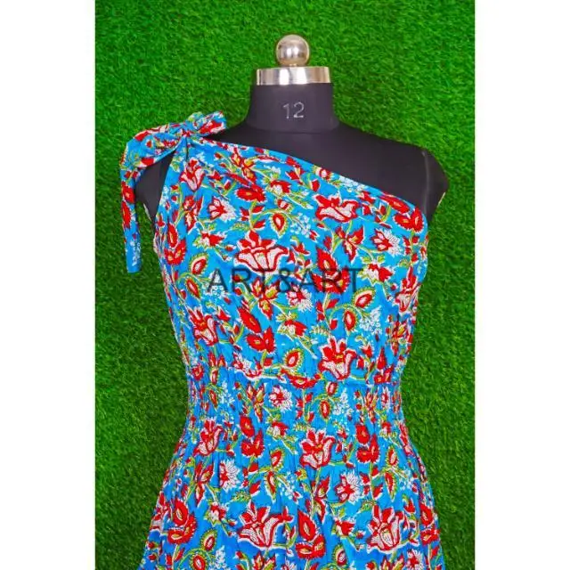 Handmade Floral Prints Cotton n dress One side Shoulder Designer cotton long dress smocking body dress for women cotton voile