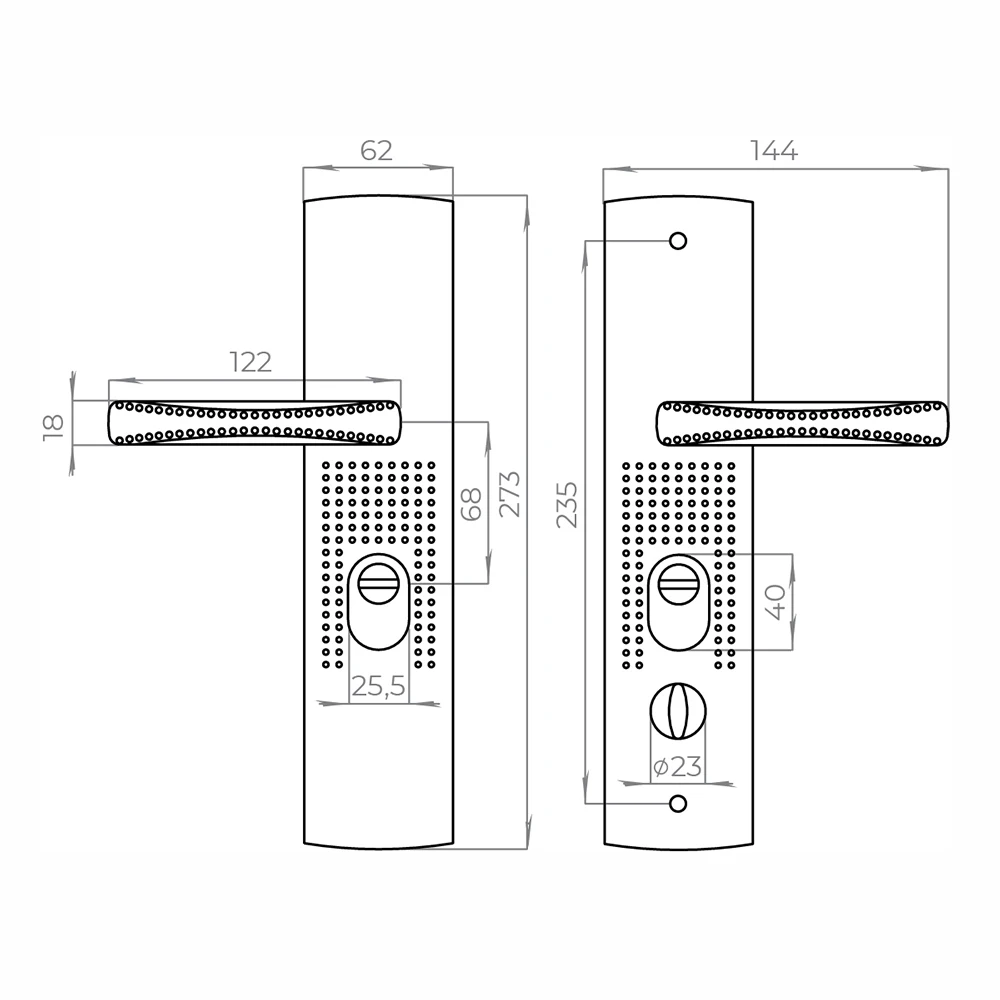 Door handle on a plate Universal with thumbturn lock for metal doors