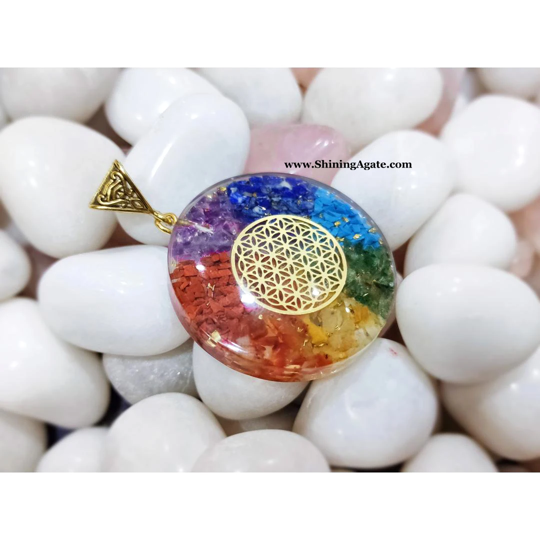 Seven Chakra 40mm Orgone Pendant With Flower Life Symbol Chakra Balancing Gemstone Pendant