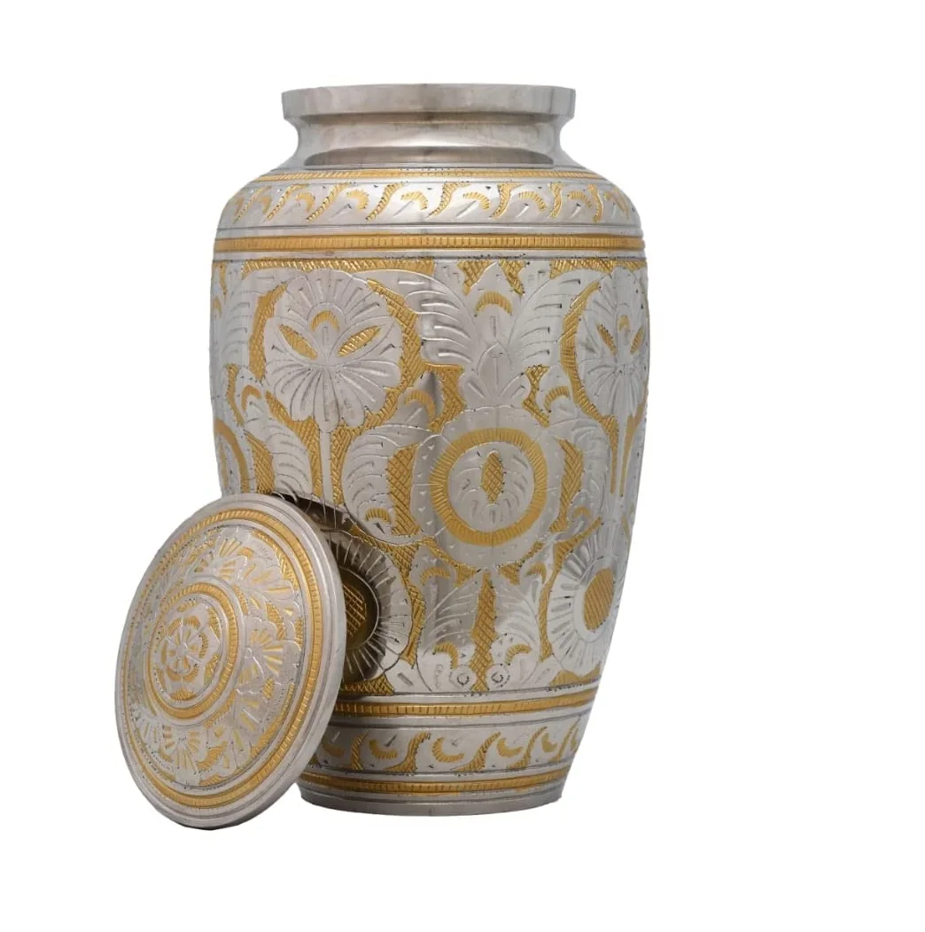 Silver Gold Fully Hand Carved Solid Brass Cremation Urns & Keepsake For Human & Pet Ashes Classic Design Funeral Memorial Urns