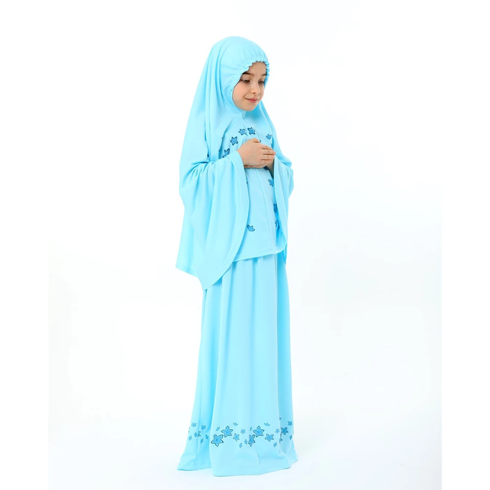 Girl Child Prayer Dress Yellow Color Star Pattern 987S With Prayer Rug Star Printed Belt Pattern