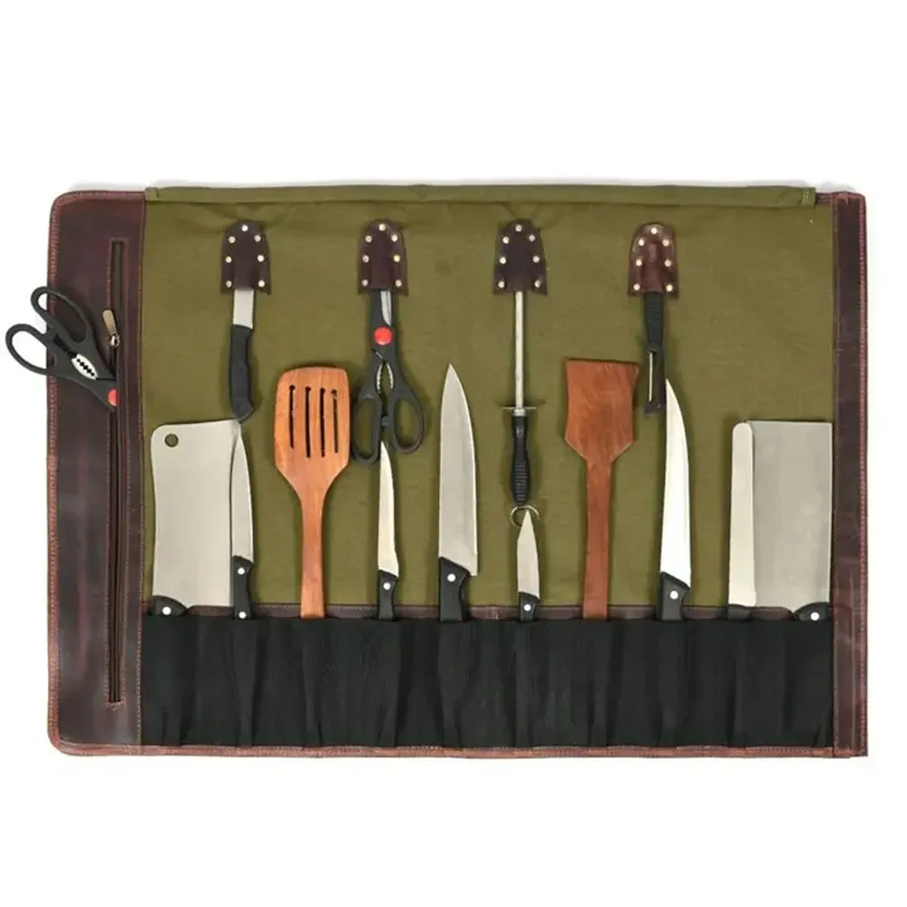 High Quality Leather Chef Tool Roll Up Bag Multi Chef Tool Storing Pouch Professional Chef Knife Roll Bag