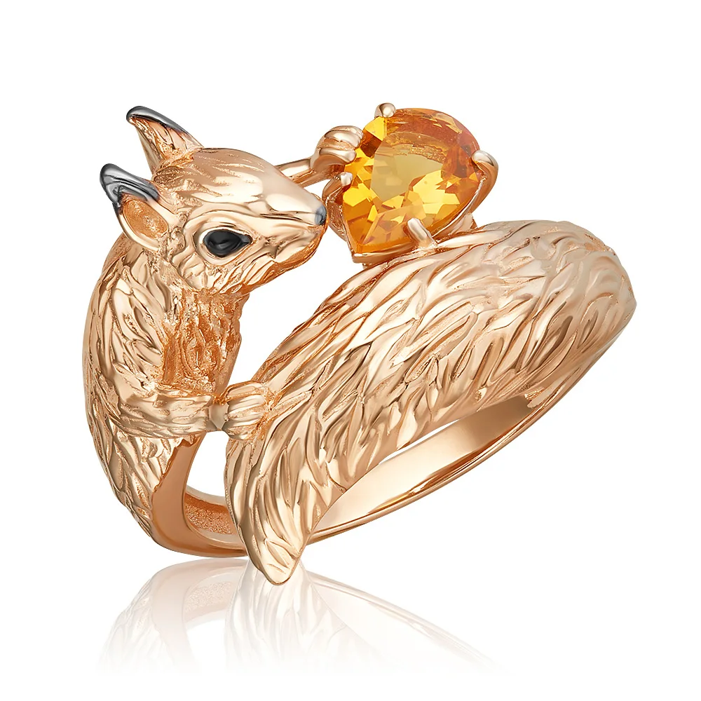 Unique 14 K solid Red Rose  gold Squirrel Ring citrine