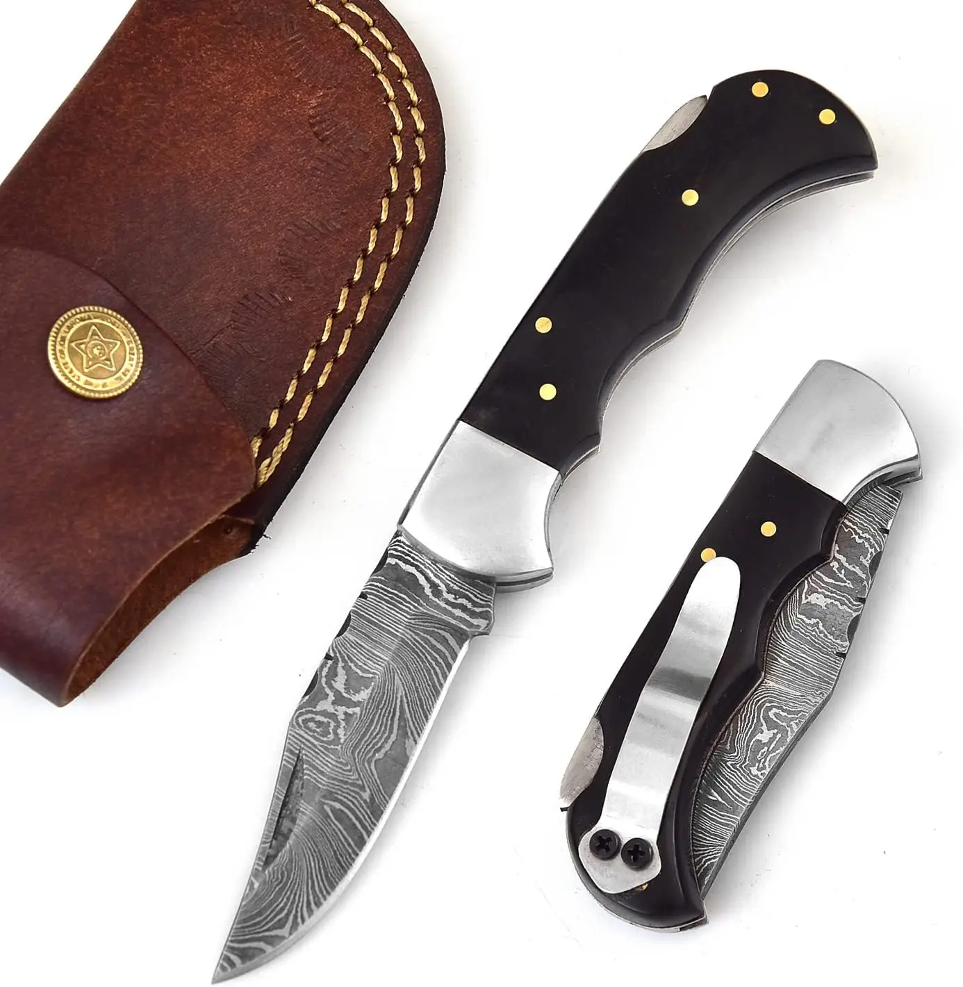 Wholesale Damascus Steel Folding Pocket Knife with Leather Sheath Multi-Function Blade for DIY Low Price