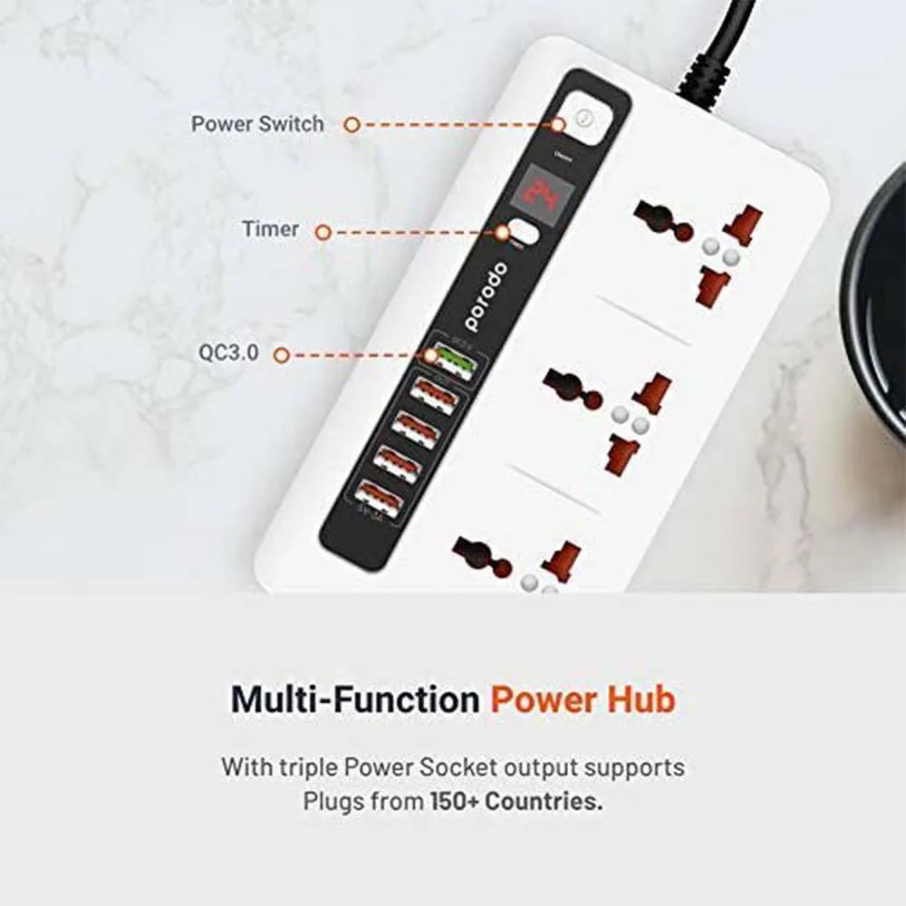 Porodo QC3.0 Multi-Socket 33W With Timer x3 AC Sockets 10A and x5 USB Outputs 33W -200cm Power Cord Independent Power Switch