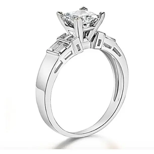 1.30 CT White Princess Cut CZ & Baguette Engagement Wedding Sterling Silver plated Ring 14k White Gold Plated