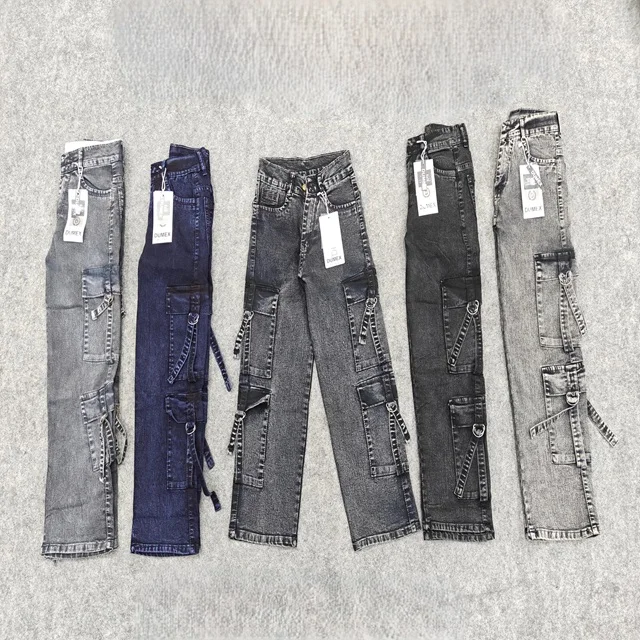 Custom Printed Baggy Jeans Boys Flared Wide Leg Denim Blue Overalls Age-Appropriate Cotton Cargo Wide Leg Knitted Fabric Washed