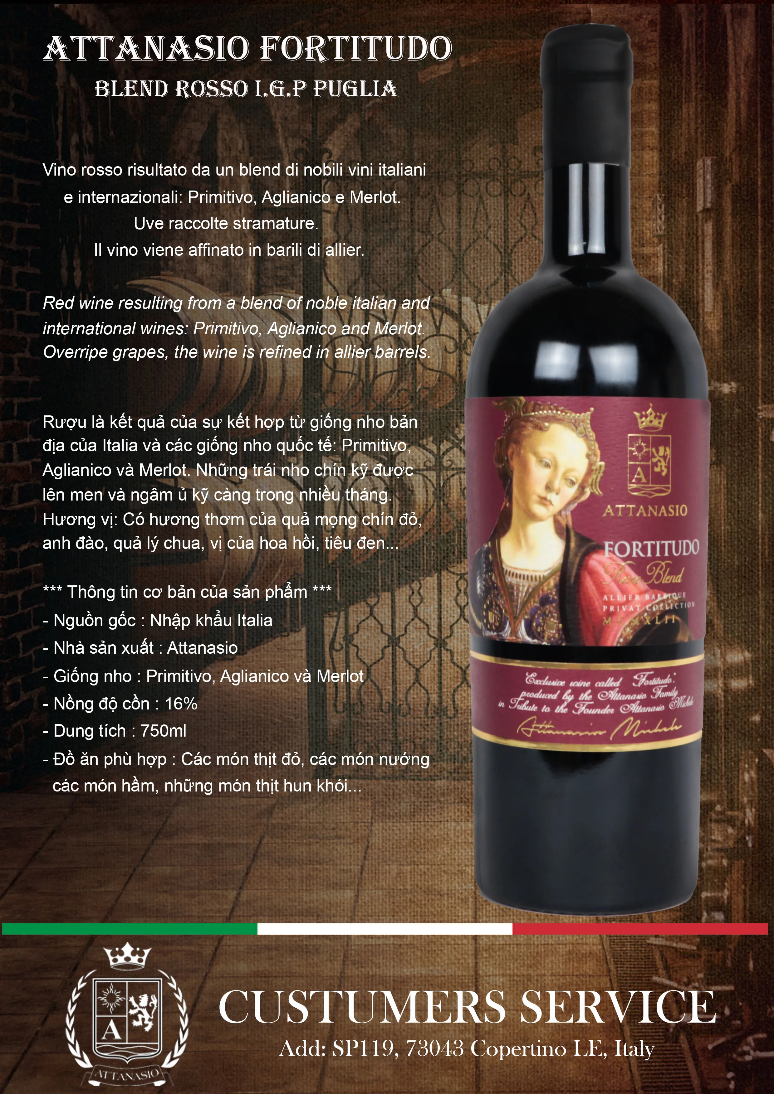 Vintage style dry use color package weight bulk wines prices Attanasio Fortitudo Blend Rosso I.G.P Puglia from Italy