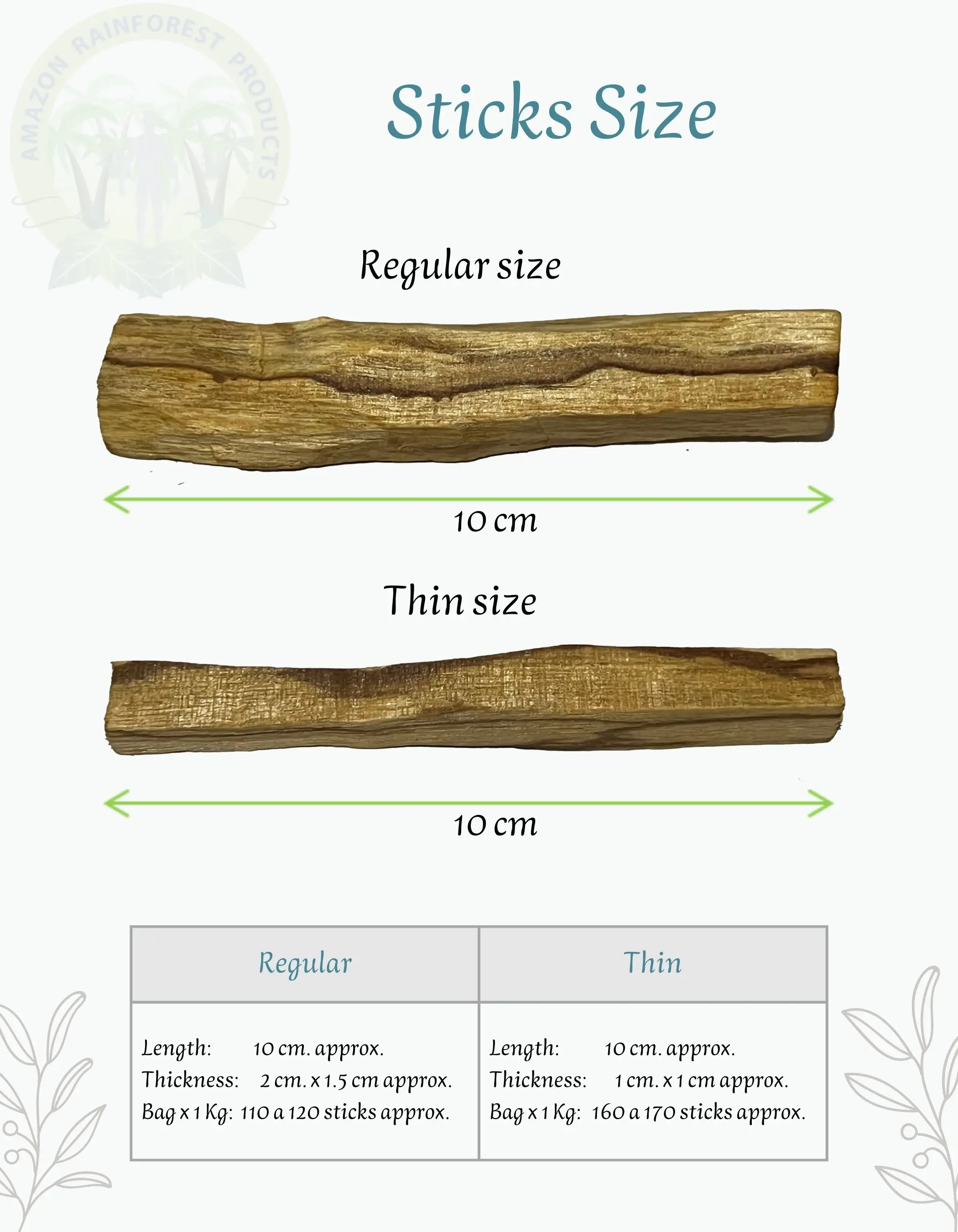 Palo Santo Wood Sticks X 1 Kg. Length:10cm; Thickness: (1-1.5)cm. Wood Sustainable Premium. Thin Size(160~170)sticks PE