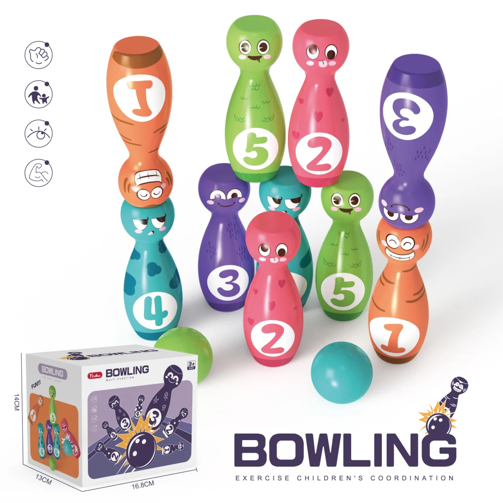 Wholesale Sport Toys Bowling Game Emojis Blowing Pins With 5 Numbers Plastic Bowling Set For Kids