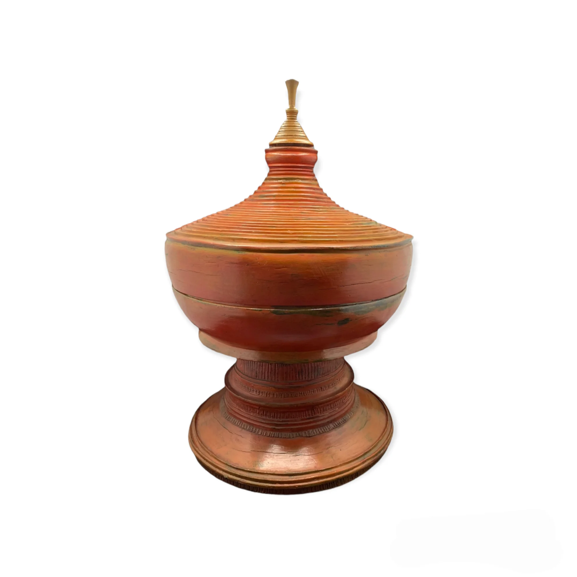 Thai Lanna Lacquer Ware for Food Deck Wooden Lid , Round Topped in the Shape of Pagoda Painted Red - Orange Vermillion Collect