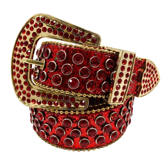 Super Sell 2023 Genuine Leather Belt with Red Colored & Natural Stone Gold Finished Buckle Belt For Sale