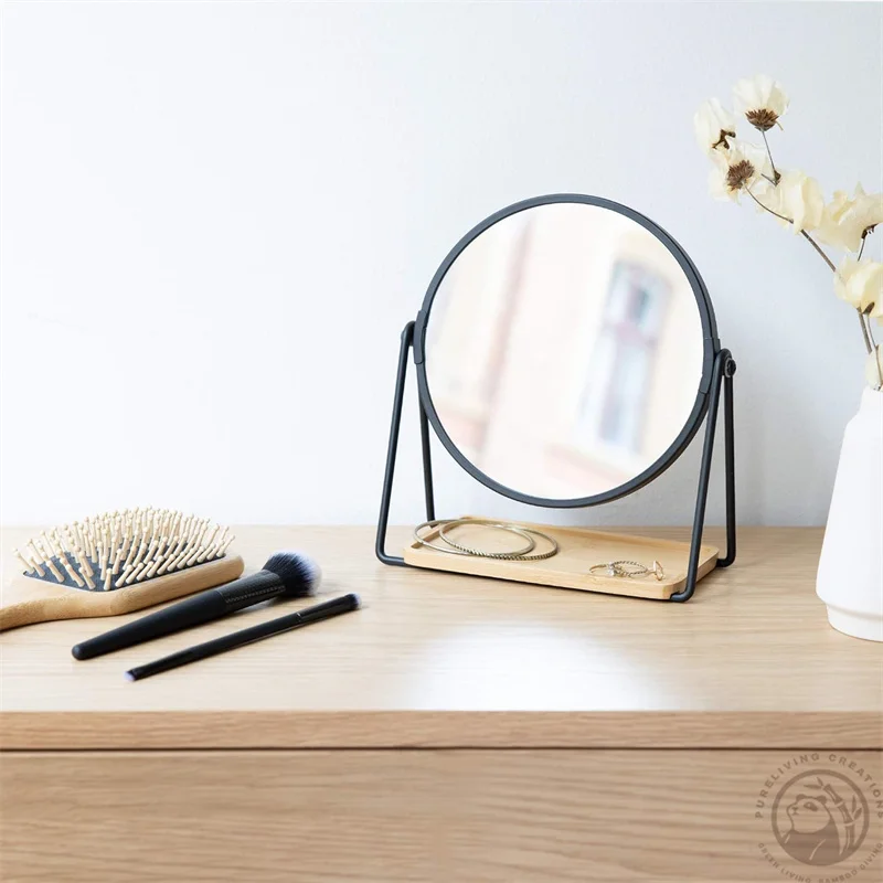 Vanity Mirror with Tray - Double-Sided Table Top Makeup Mirror with Magnification and Bamboo Base - for Bathroom, Bedroom, Desk