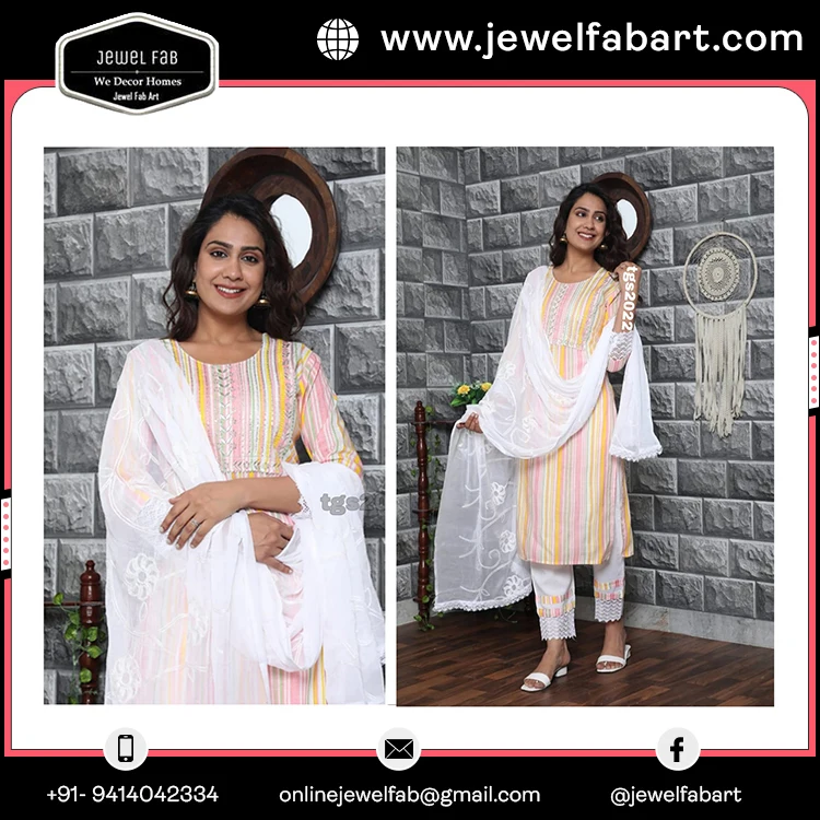 Most Beautiful And Fashionable Cotton Kurti Pant And Dupatta Set From India Bollywood Style Trendy Women Cotton Summer Boho