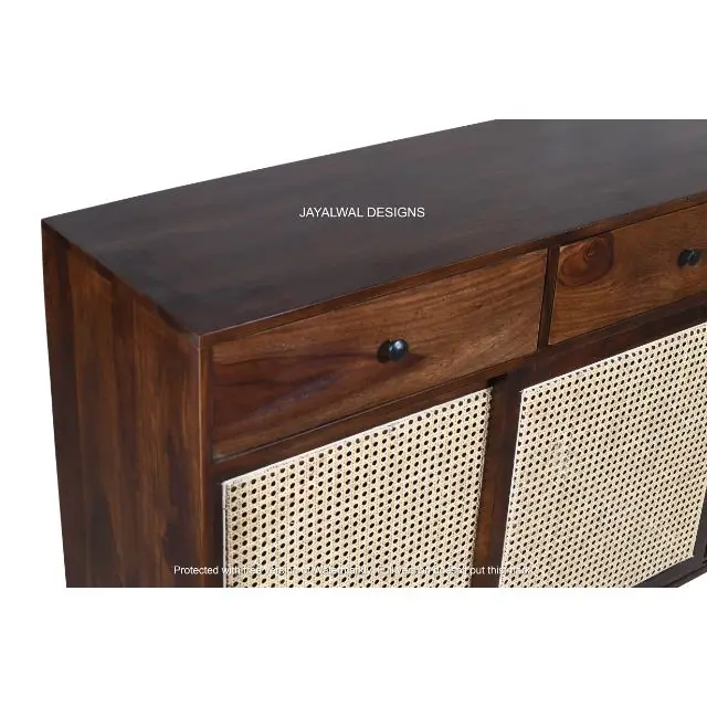 Hot Selling Natural Rattan Cabinet Large Wooden Buffet Sideboard Storage Cabinet with Metal Legs