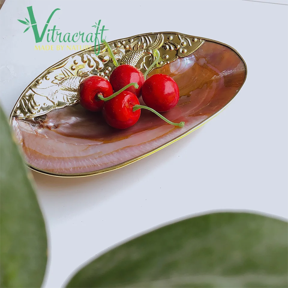 Best Selling Pink Mother-of-Pearl Caviar Plate Square Shape with Unique Copper Metal Motifs for Food Presentation