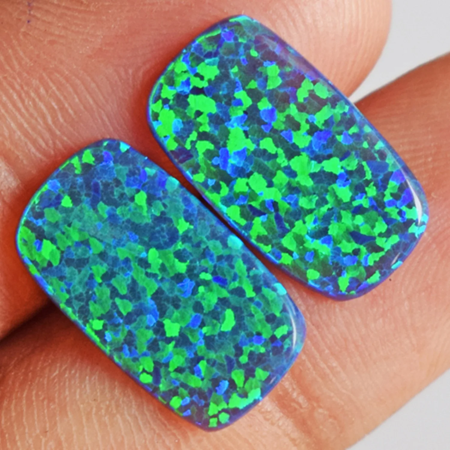 Synthetic Sparkling Blue Green Flashy Fire Opal Pair Rectangle Shape 4 CTW Cabochon Size 16x8x1.5 MM Earring Pair Stone for Jewe