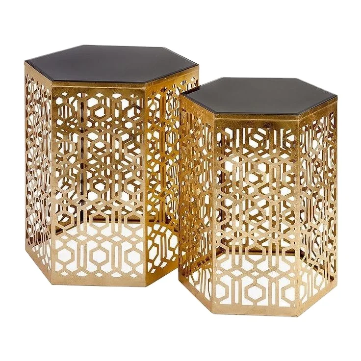 Set of 2 Timeless Metallic Gold Cut work Hexagonal Accent Side Tables with Mirrored Tops Cheap Price Hotel Bar Use Wholesale