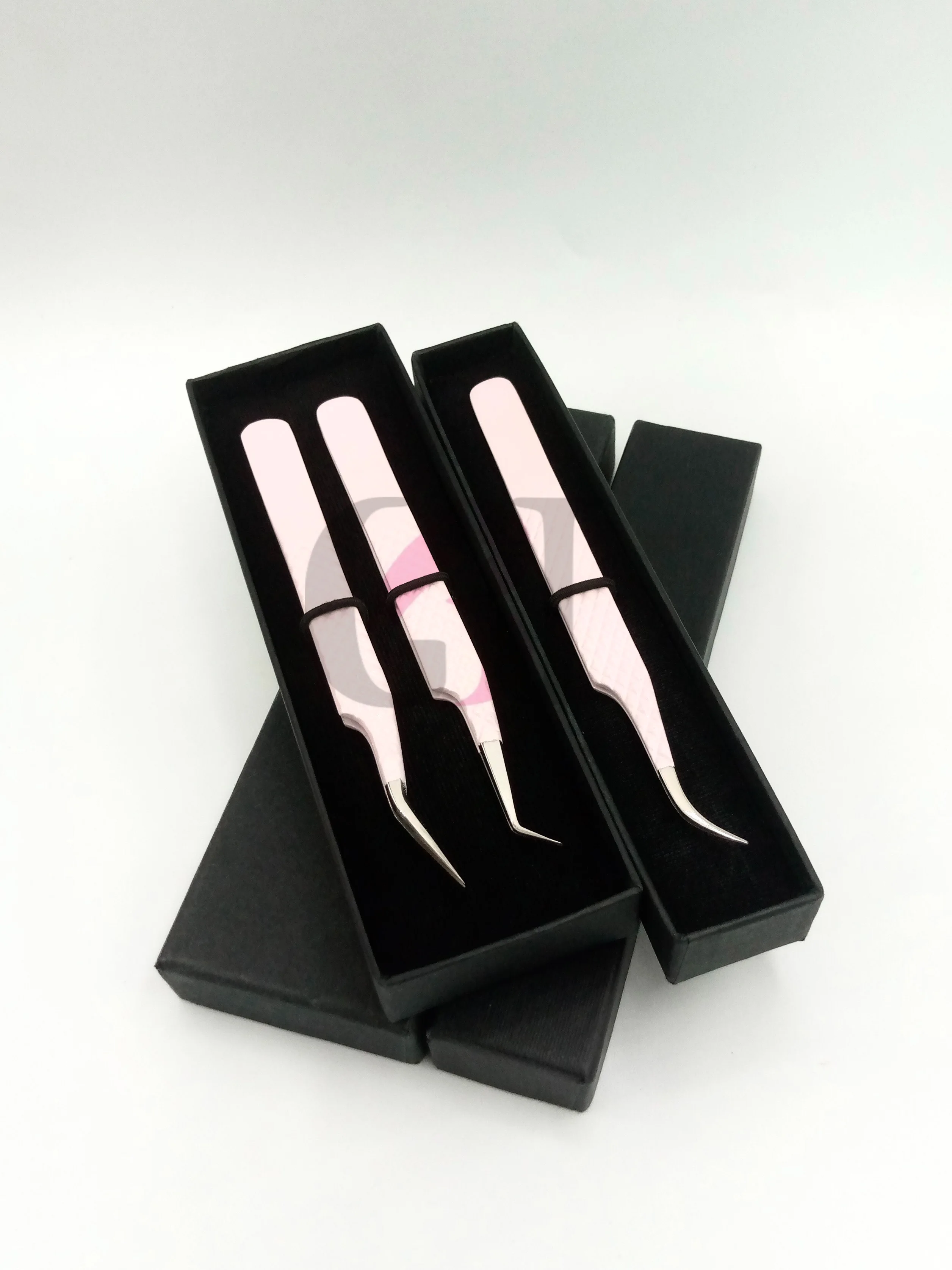 New Style 45 Degree Baby Pink Powder Coating Curved Fiber Nano Tip Eyelash Extension Tweezers Stainless Steel Beauty Instruments