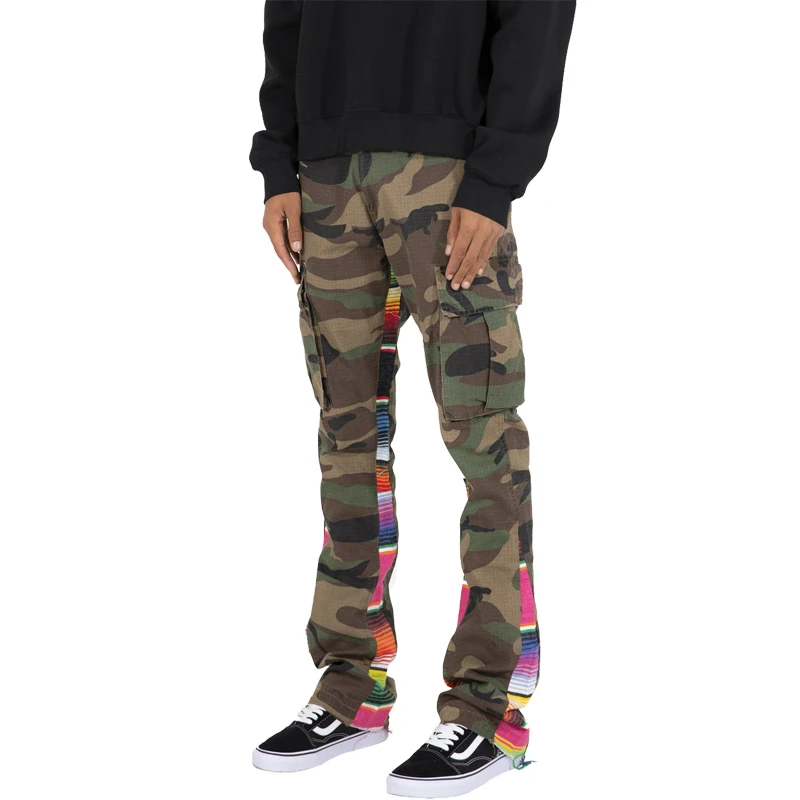 2022 Men Fashionable 100% Cotton Slim Serape Patchwork Boot Cut INS Style Military Camouflage Cargo Pants Flare Sweat Pants Men