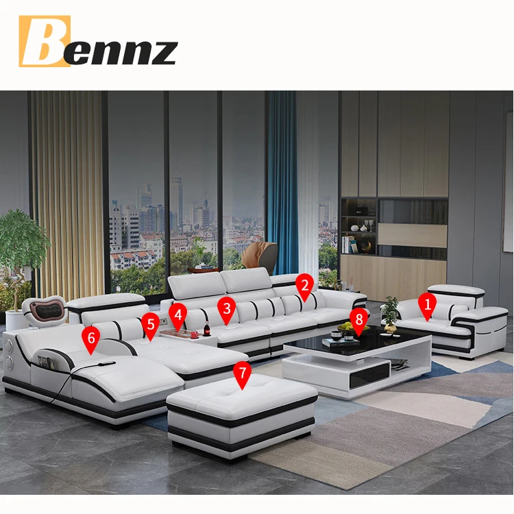 Белый современный угловой кожаный массажный шезлонг с USB-зарядкой и функцией музыкального плеера